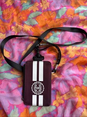 PINK Victoria's Secret Maroon Crossbody Card lanyard Pouch with White Stripes